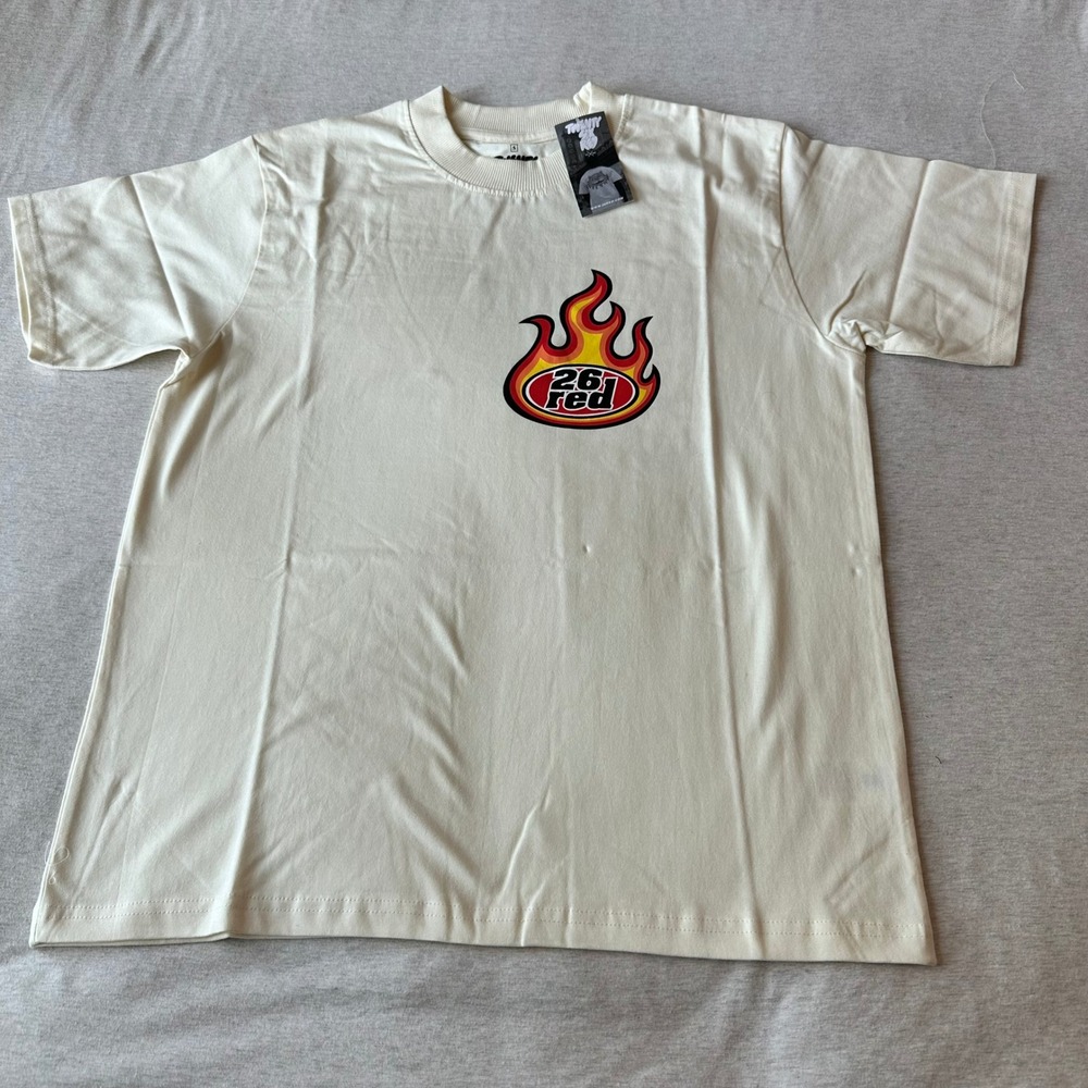 Twenty Six Red Light My Fire Graphic T-Shirt Mens Small Cream Off-White
